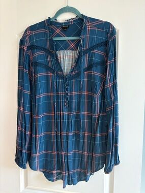 torrid Navy Plaid Lace-Trim Henley Blouse with Pink Stripes